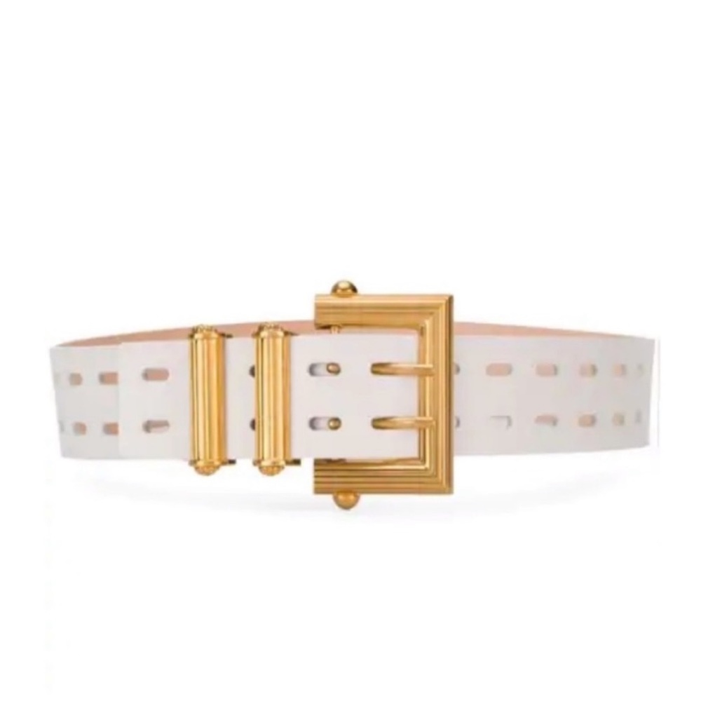 VERSACE Gold Square Buckle Leather Belt White Three Prong NWT Bag Size 85/34 - Picture 2 of 13